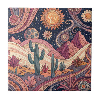 Carreau Peinture Rétro Psychedélique Désert Cactus Coucher