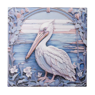 Carreau Pelican Sea Bird Art Nouveau Faux Relief Gauche Bl