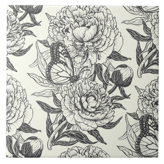 Carreau Peonies et papillons bloquent l'impression, noir e (Devant)