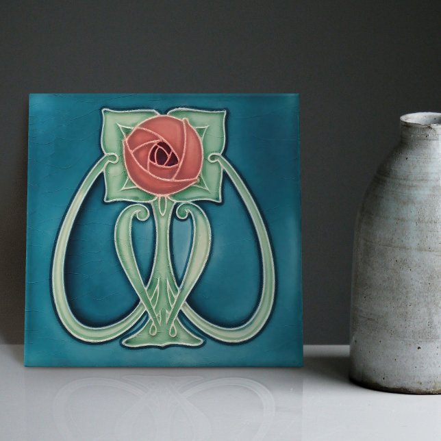 Carreau Peony sur Décor Bleu Art Nouveau Art Déco (Créateur téléchargé)