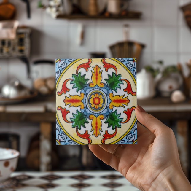 Carreau Peranakan Rouge Orange Fleur Vert Laisser Décor (Peranakan Red Orange Flower Green Leave Decorative Ceramic Tile)