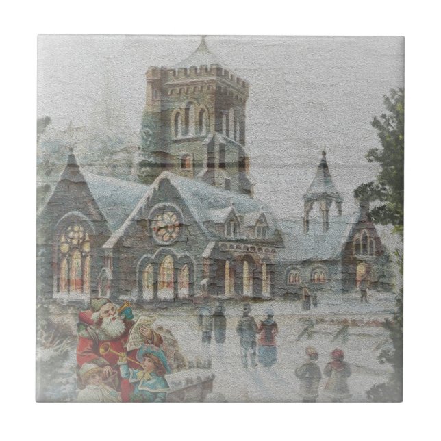 Carreau Père Noël ancienne avec enfants devant une église (Devant)