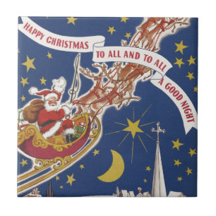 Carreau Père Noël de Noël vintage avec rennes volants