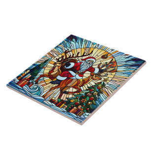 Carreau Père Noël équitation rennes parmi un arbre festif