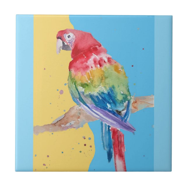 Carreau Perroquet Aquarelle Rose Jaune Bleu Bébé Ara (Devant)
