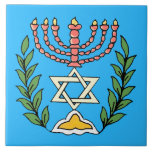 Carreau Persian Magen David Menorah<br><div class="desc">Cette image a été adaptée à partir d'un carrelage juif perse antique et présente une menorah avec un Magen David (Étoile de David) encadré de branches d'olivier. Les imperfections de l'image originale peinte à la main ont été conservées.</div>