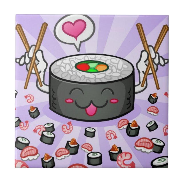 Carreau Personnage de dessin animé de sushi mangeant un (Devant)