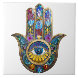 Carreau Pétales Colorés Feuilles Hamsa Saphir Troisième Œi