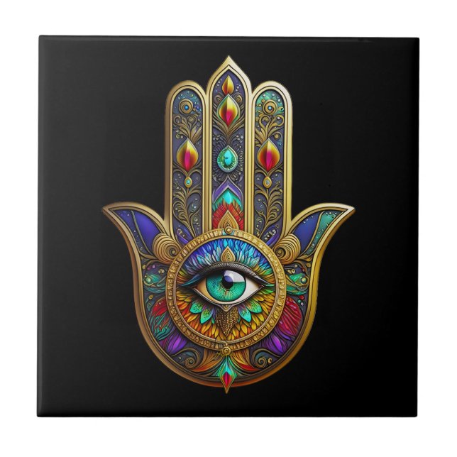 Carreau Pétales de fleurs de couleur de paon Hamsa Vert Tr (Devant)