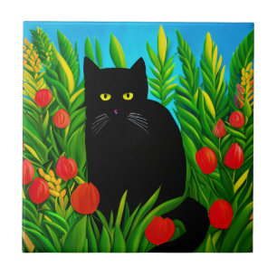 Carreau Petit chat noir dans un jardin de tulipes
