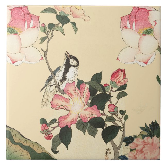 CARREAU PETIT OISEAU AVEC ROSES PINK ET FLEURS DE LOTUS (Devant)
