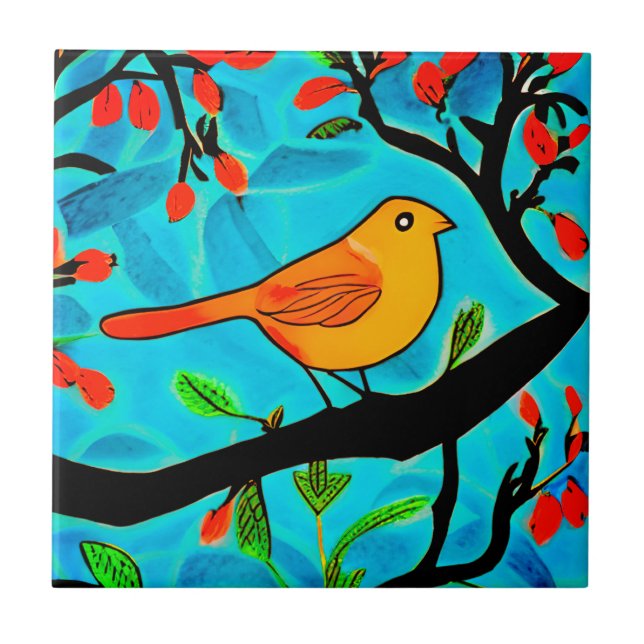 Carreau Petit oiseau orange sur une branche de fleurs (Devant)