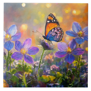 Carreau Petit papillon sur des fleurs sauvages au lever du
