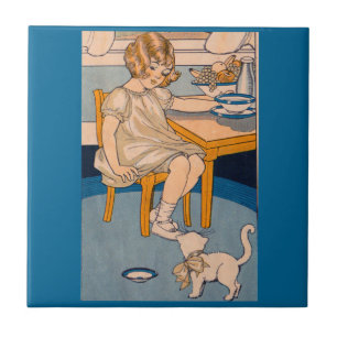 Carreau Petite fille des années 1920 et son petit chat bla
