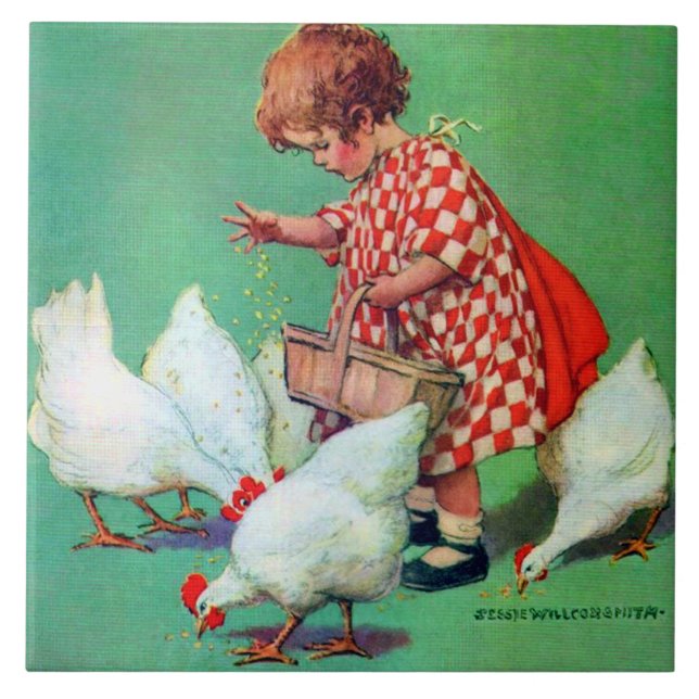 Carreau Petite fille qui nourrit les poules par Jessie Wil (Devant)