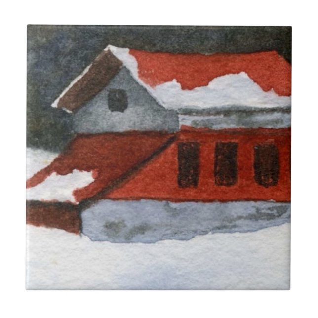 Carreau Petite grange d'hiver rayée rouge avec neige (Devant)