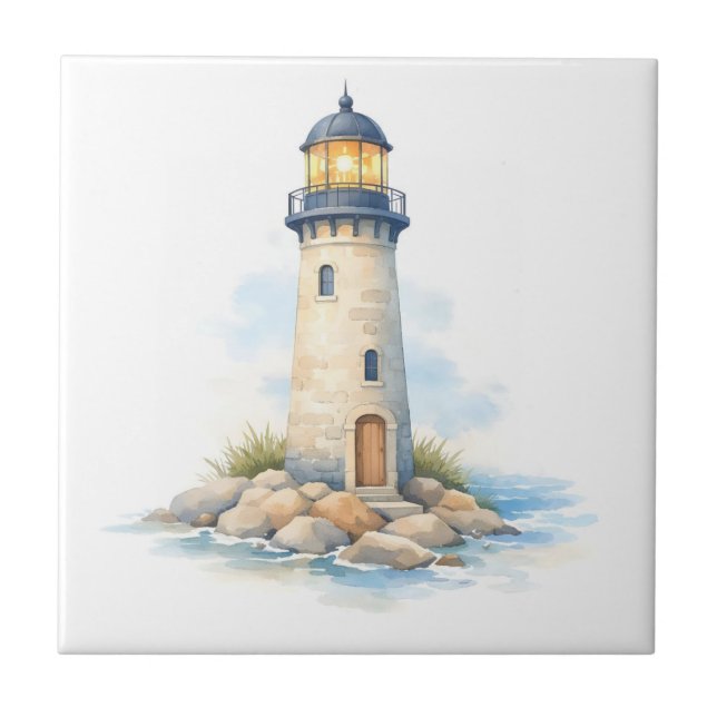 Carreau Phare à l'aquarelle sur les rochers  (Devant)