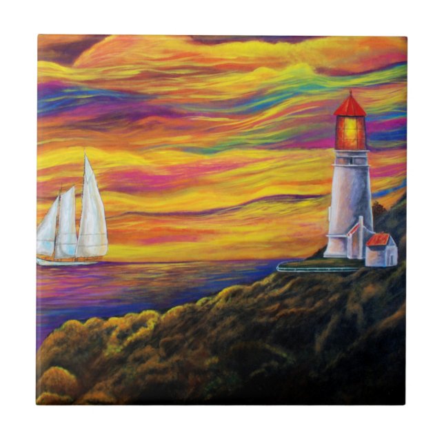 Carreau Phare au coucher du soleil avec voilier (Devant)