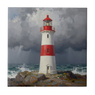 Carreau Phare côtier rouge tempétueux
