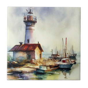 Carreau Phare et bateaux Watercolor Art