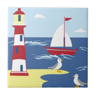 Carreau Phare mignon et bateau bord de mer Art