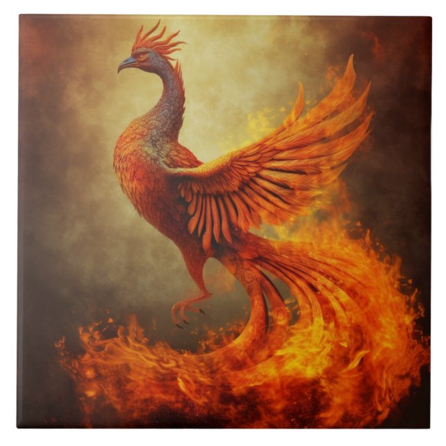Carreau Phénix orange avec flammes et brume dorée (Devant)