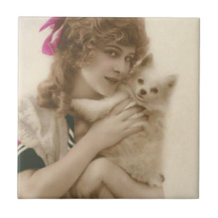 Carreau Photo antique Victorian Woman and Dog