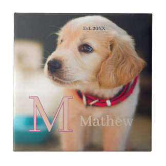 Carreau photo de chien familier monogramme nom année d'est