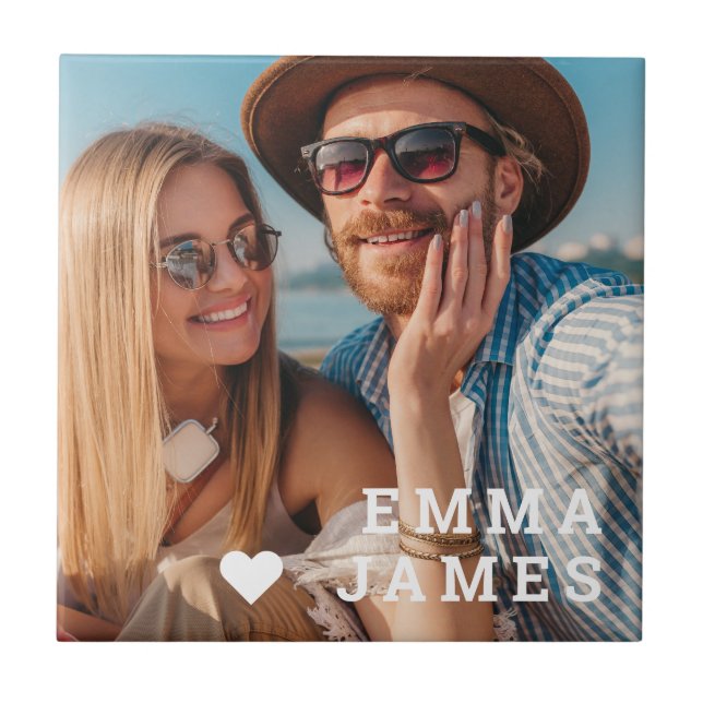 Carreau Photo de couples avec noms personnalisés et cœur d (Devant)