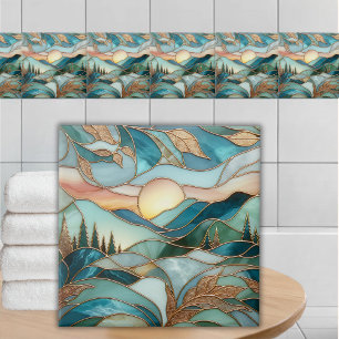 Carreau Pics de montagnes dorées Forêt Art de verre teinté