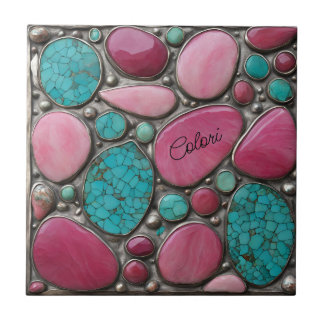 Carreau Pierres de galets roses et turquoise en argent