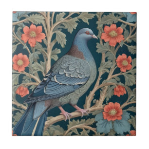 Carreau Pigeon Bird William Morris style Fleurs rouges dro