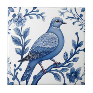 Carreau Pigeon Dove Bird Delft Bleu et blanc Floral