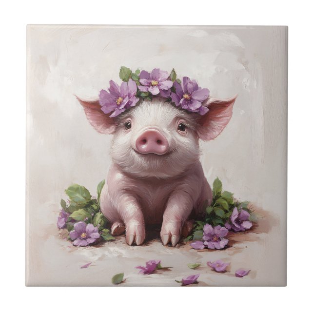 Carreau Piglet dans une couronne de fleurs violettes (Devant)