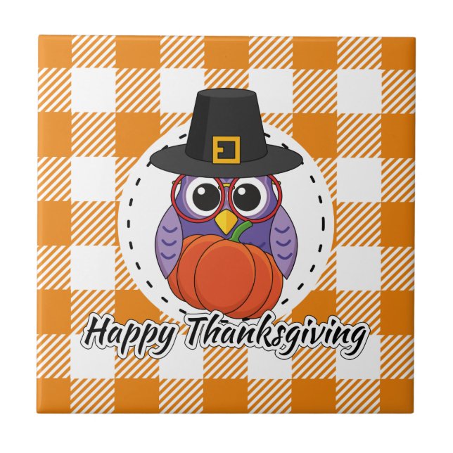 Carreau Pilgrim owl on Orange Plaid - Happy Thanksgiving (Devant)