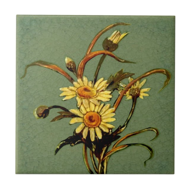 Carreau Pilkington c1900 Green Daisies Slip Painted Repro (Devant)