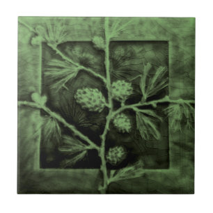 Carreau Pinecones Branches Green Faux Relief Antique Repro