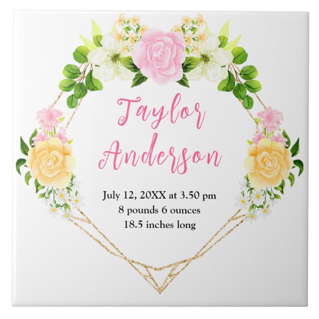 Carreau Pink and Yellow Floral Baby Birth Stats (Devant)