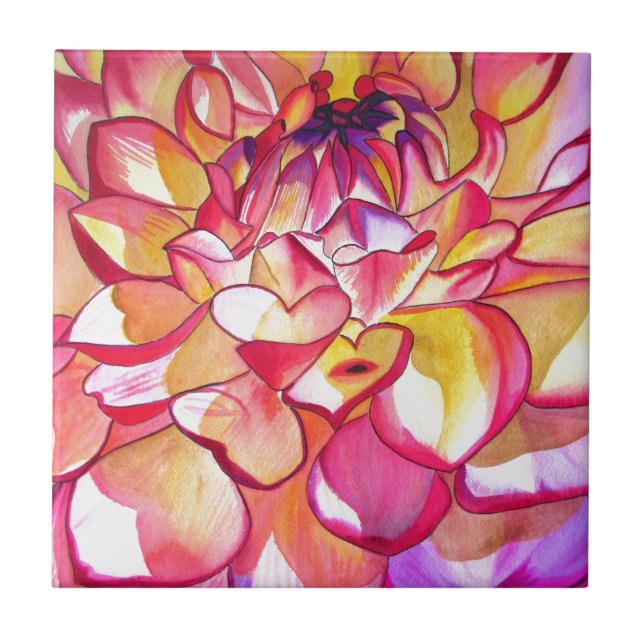 Carreau Pink Dahlia fleurs aquarelle art (Devant)