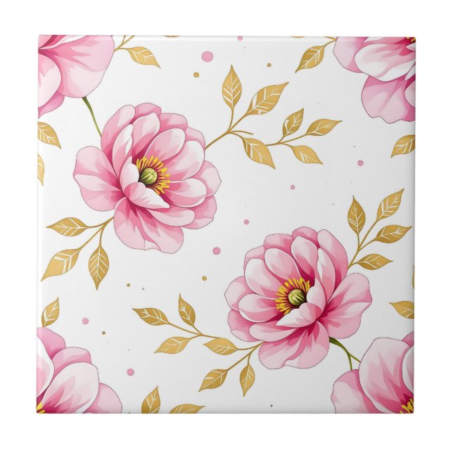 Carreau Pink Peony Flowers Golden Leaves Pattern (Devant)