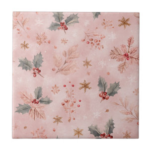 Carreau Pink Winter - Feuilles de houx et flocons de neige
