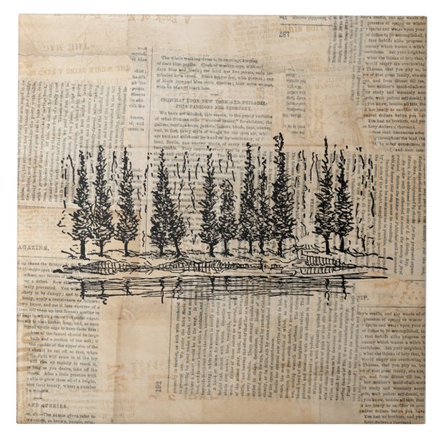 Carreau Pins vintages paysage nature Newsprint Art (Devant)