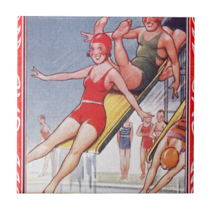 Carreau Piscine Fête Nage Vintage Été
