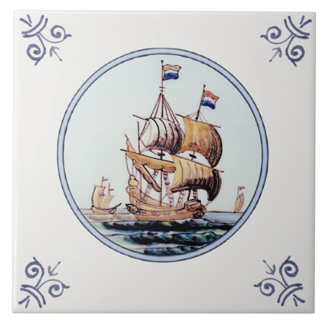 Carreau Pittoresque Polychrome Repro Delft Navires Carrela (Devant)