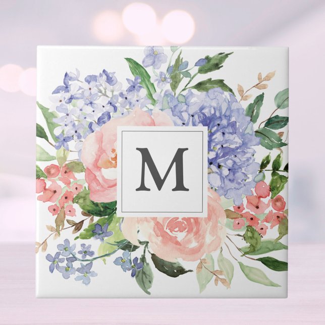 Carreau Pivoine d'hydrangea rose bleu de Monogram Floral d (Close up)