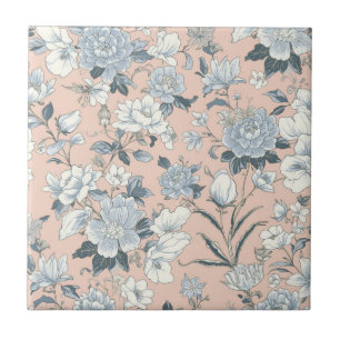 Carreau Pivoines bleues Pêche Floral Botanique Vintage