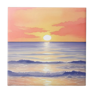 Carreau Plage à Sunset Ocean Wave Watercolor Peinture
