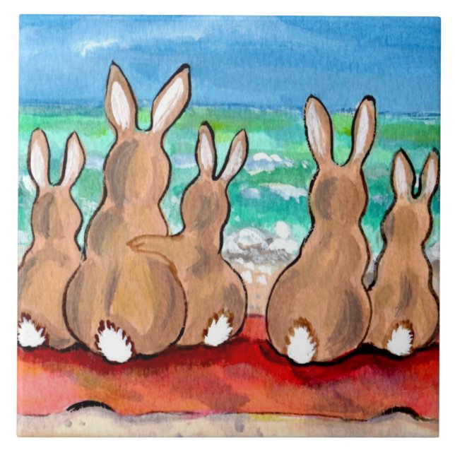 Carreau Plage Bunnies Famille sur Blanche 6" Tile Trivet (Devant)