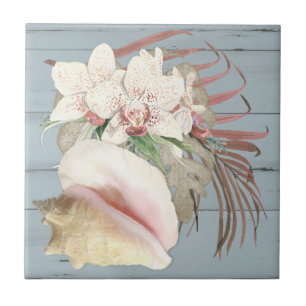 Carreau Plage Orchidée Floral Conch Seashell Dusty Blue Wo