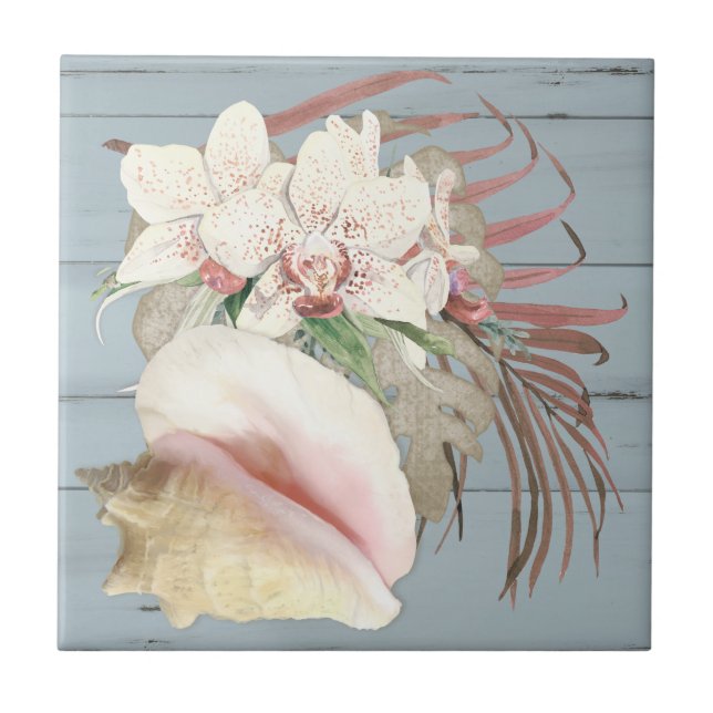 Carreau Plage Orchidée Floral Conch Seashell Dusty Blue Wo (Devant)